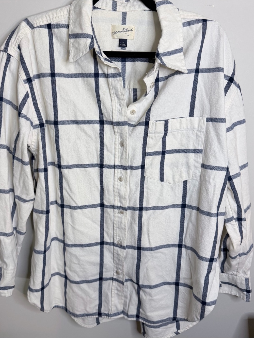 White and Navy Windowpane Flannel  Button-Up Shirt